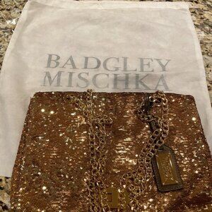 Badgley Mischka Metallic Bronze Glitter Gold Chain Handbag NWT Orig Price $275
